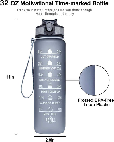 1L Leakproof BPA Free Drinking Water Bottle with Time Marker & Straw to Ensure You Drink Enough Water Throughout The Day for Fitness and Outdoor Enthusiasts