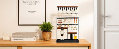 Jewelry Organizer Stand Necklace Organizer Earring Holder, 6 Tier Jewelry Stand Necklace Holder with 15 Hooks, Jewelry Tower Display Rack Storage Tree for Bracelets Earrings Rings -Black