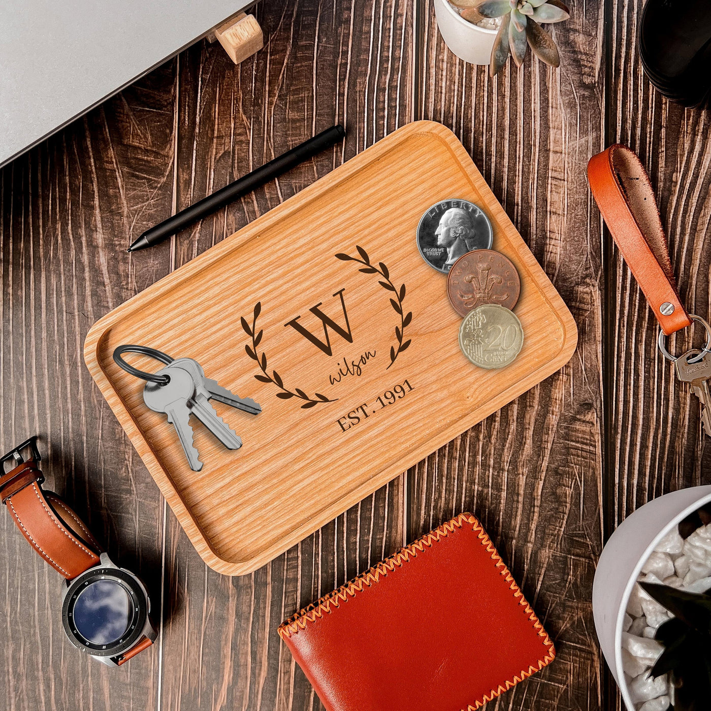 Personalised Ash Wood Rectangle Catchall Tray Jewellery Desk Accessories Serving Valet, Custom Engraved Timber Organiser, Housewarming Gift