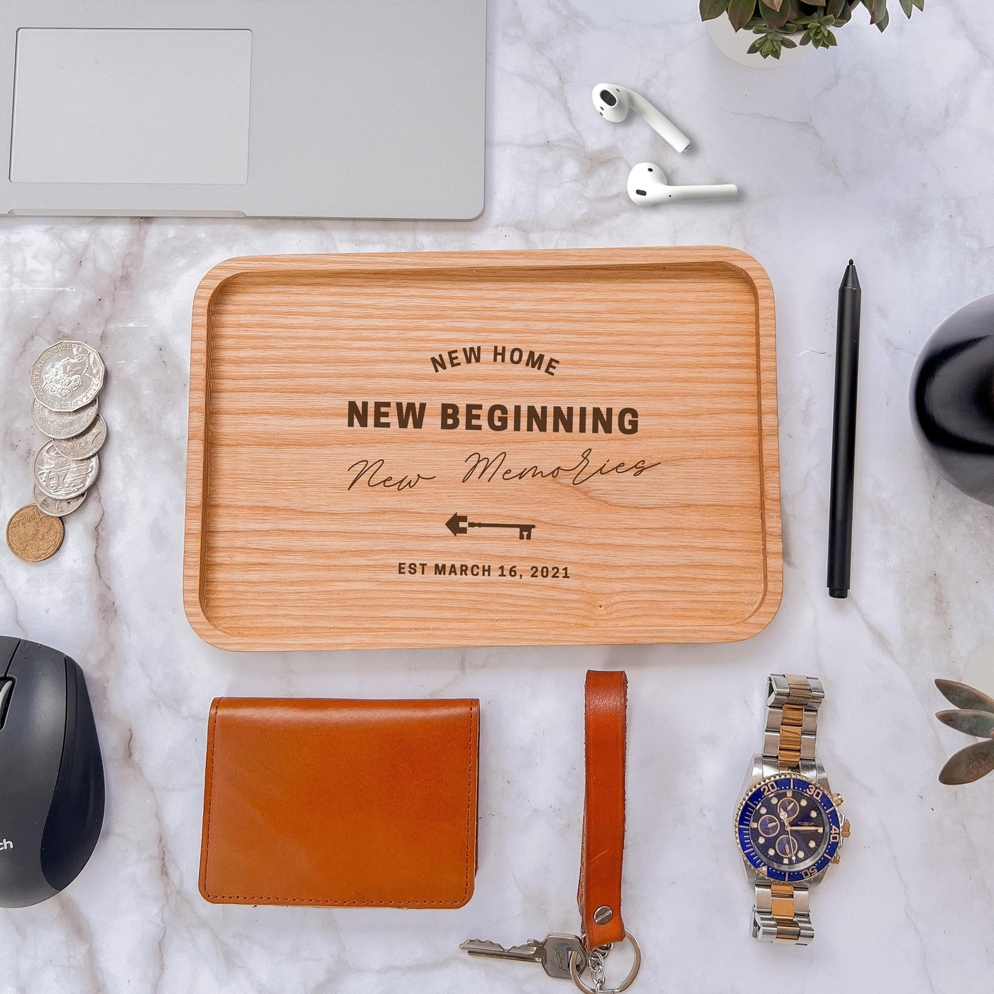 Personalised Ash Wood Rectangle Catchall Tray Jewellery Desk Accessories Serving Valet, Custom Engraved Timber Organiser, Housewarming Gift