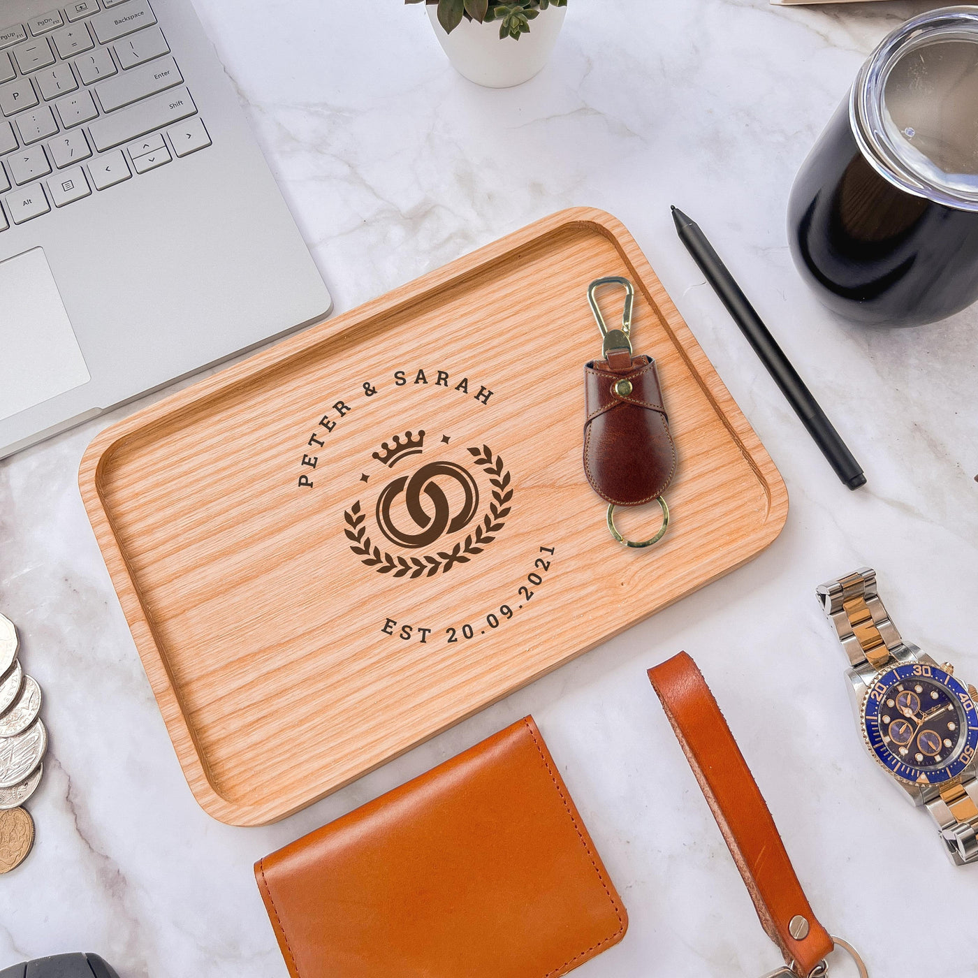 Personalised Ash Wood Rectangle Catchall Tray Jewellery Desk Accessories Serving Valet, Custom Engraved Timber Organiser, Housewarming Gift