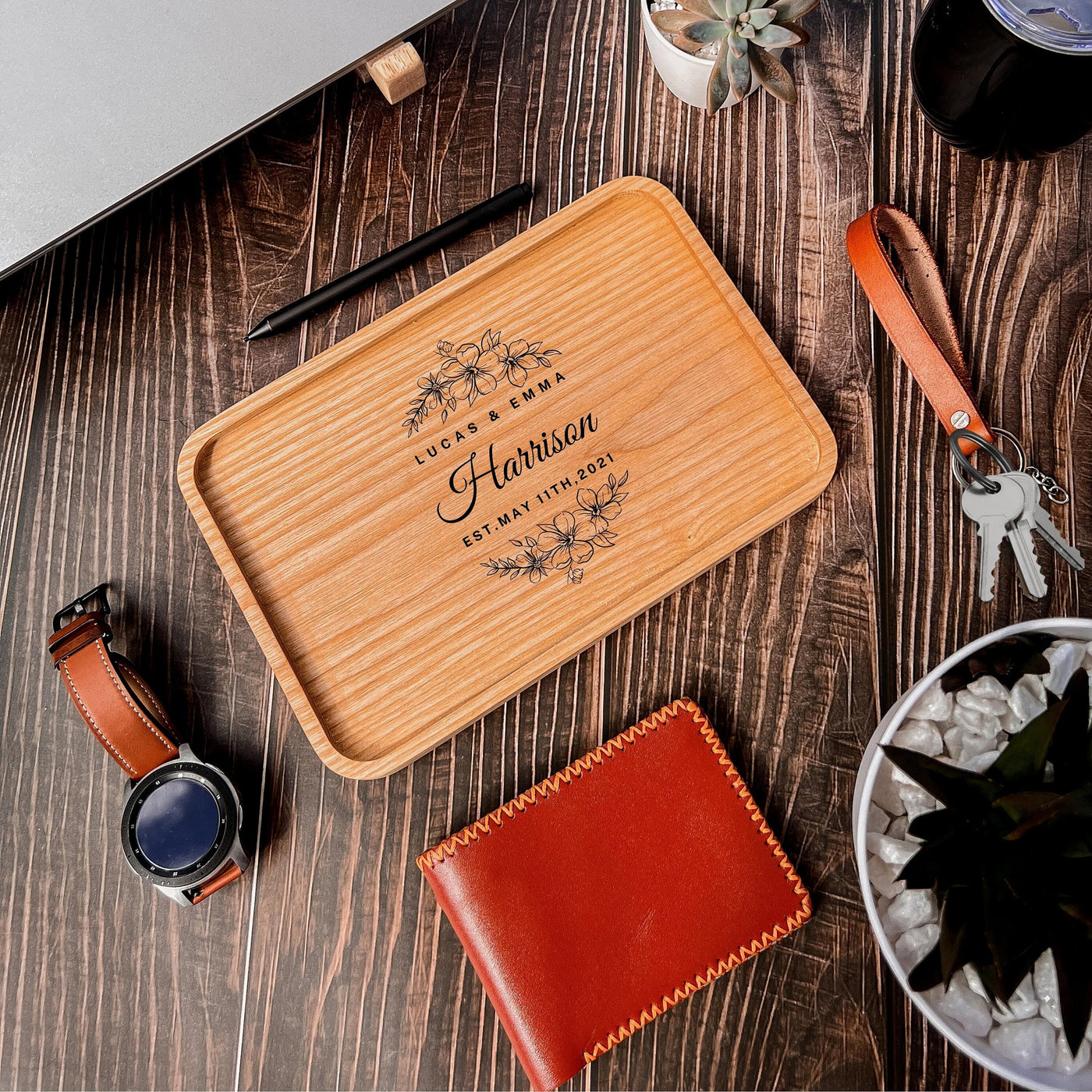 Personalised Ash Wood Rectangle Catchall Tray Jewellery Desk Accessories Serving Valet, Custom Engraved Timber Organiser, Housewarming Gift