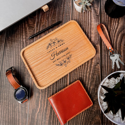Personalised Ash Wood Rectangle Catchall Tray Jewellery Desk Accessories Serving Valet, Custom Engraved Timber Organiser, Housewarming Gift