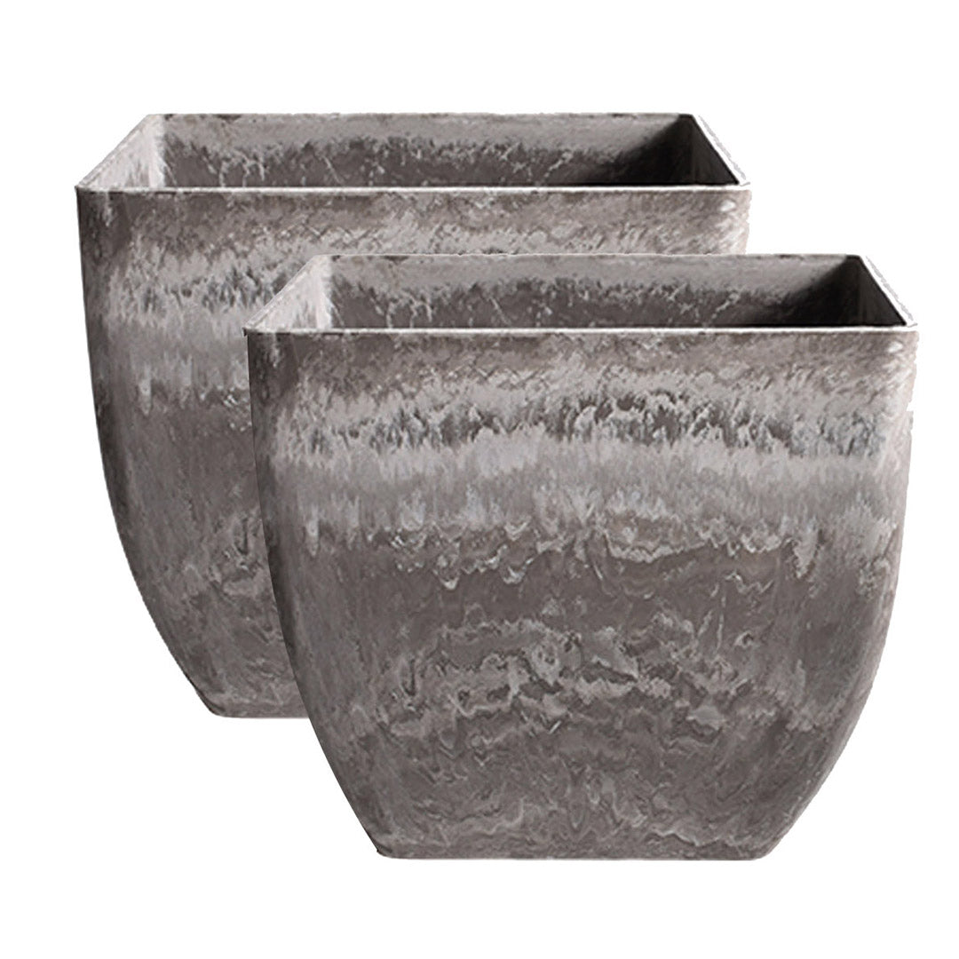 SOGA 2X 32cm Rock Grey Square Resin Plant Flower Pot in Cement Pattern Planter Cachepot for Indoor Home Office