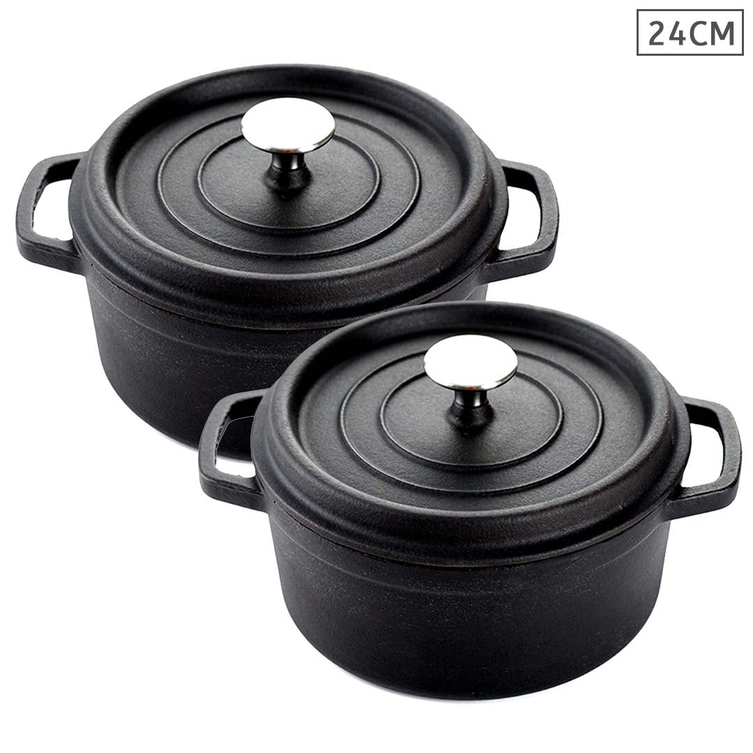 SOGA 2X Cast Iron 24cm Stewpot Casserole Stew Cooking Pot With Lid Black