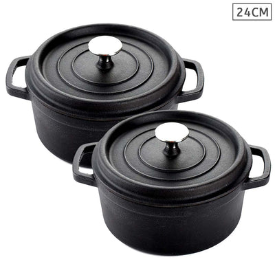 SOGA 2X Cast Iron 24cm Stewpot Casserole Stew Cooking Pot With Lid Black