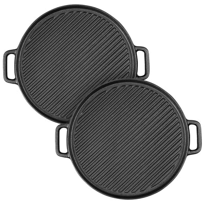 SOGA 2X 30cm Round Cast Iron Ribbed BBQ Pan Skillet Steak Sizzle Platter with Handle