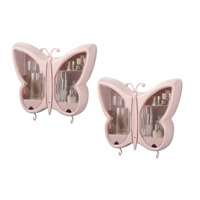SOGA 2X Pink Butterfly Shape Wall-Mounted Makeup Organiser Dustproof Waterproof Bathroom Storage Box Home Decor