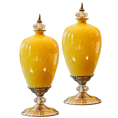 SOGA 2X 42cm Ceramic Oval Flower Vase with Gold Metal Base Yellow