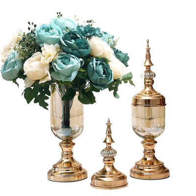 SOGA 2X Clear Glass Flower Vase with Lid and Blue Flower Filler Vase Gold Set