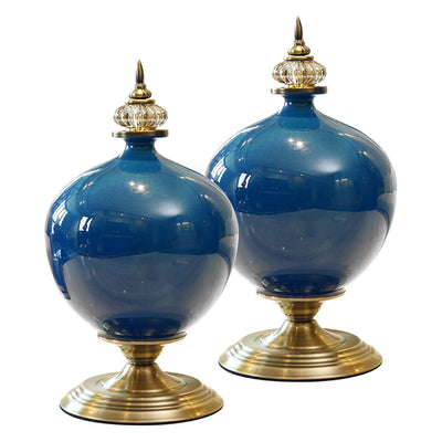 SOGA 2X 38cm Ceramic Oval Flower Vase with Gold Metal Base Dark Blue