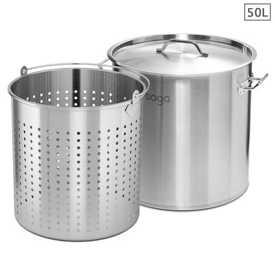 SOGA 50L 18/10 Stainless Steel Stockpot with Perforated Stock pot Basket Pasta Strainer