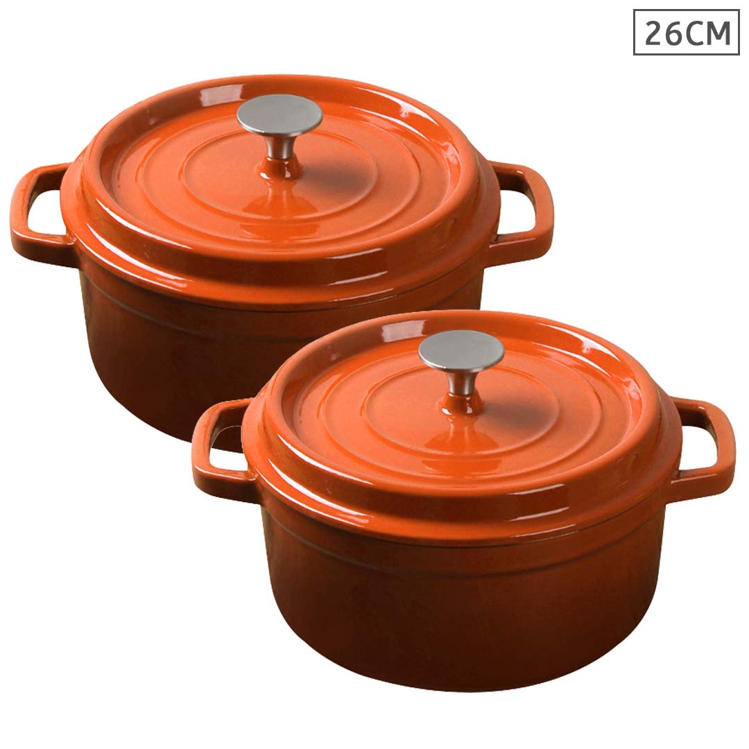 SOGA 2X Cast Iron 26cm Enamel Porcelain Stewpot Casserole Stew Cooking Pot With Lid Orange