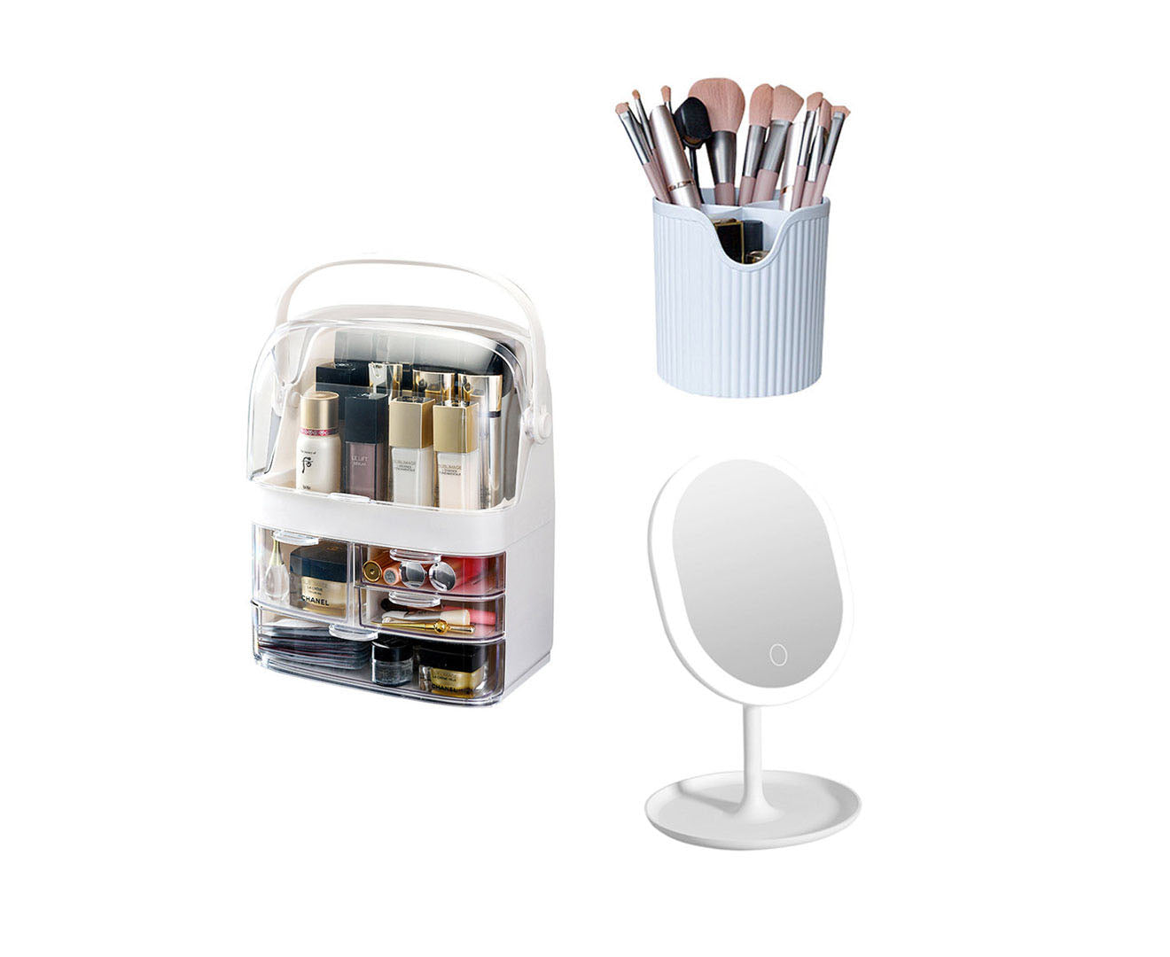 SOGA 3 Tier White Countertop Cosmetic Makeup Brush Lipstick Holder Organiser and 20cm Rechargeable LED Light Tabletop Mirror Set