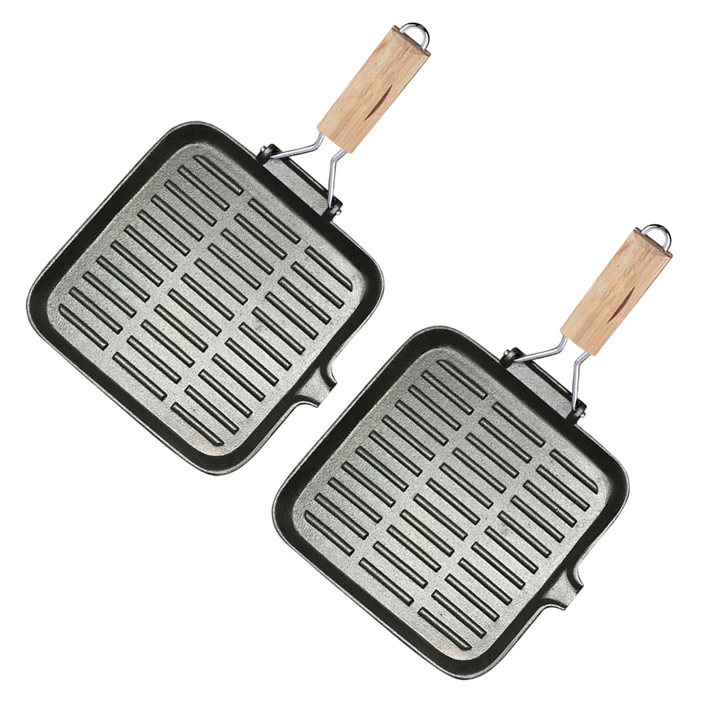 SOGA 2X 24cm Ribbed Cast Iron Square Steak Frying Grill Skillet Pan with Folding Wooden Handle