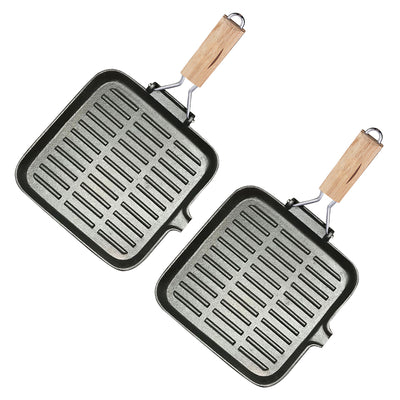 SOGA 2X 24cm Ribbed Cast Iron Square Steak Frying Grill Skillet Pan with Folding Wooden Handle