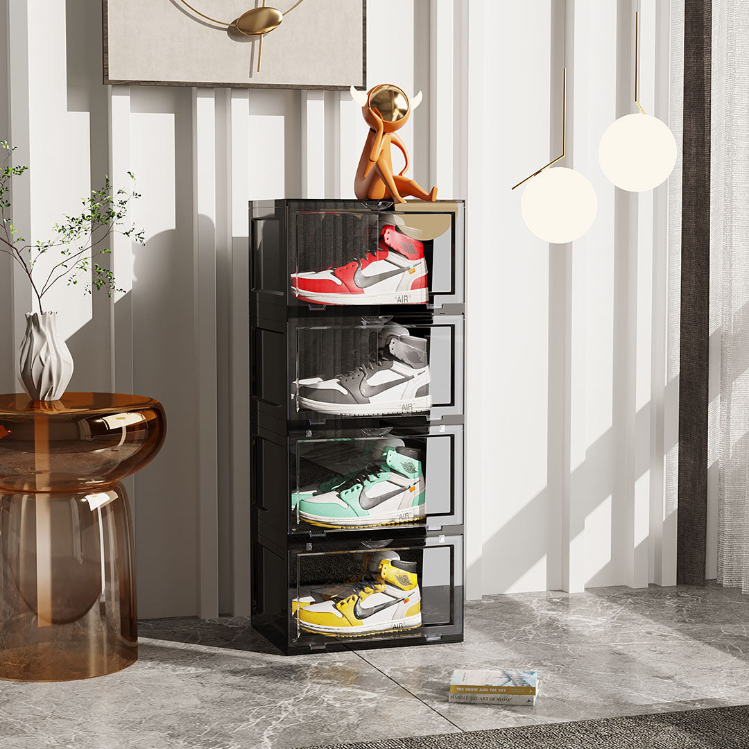 SOGA 4 Tier Black Portable Shoe Organiser Sneaker Footwear Folding Plastic Bin Stackable Storage Box with Magnetic Door