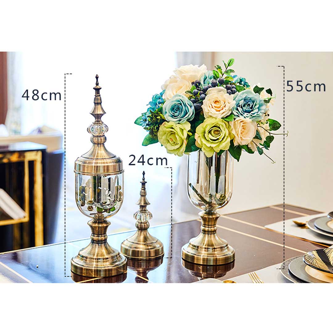 SOGA 2X Clear Glass Flower Vase with Lid and Blue Flower Filler Vase Bronze Set