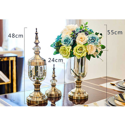 SOGA 2X Clear Glass Flower Vase with Lid and Blue Flower Filler Vase Bronze Set
