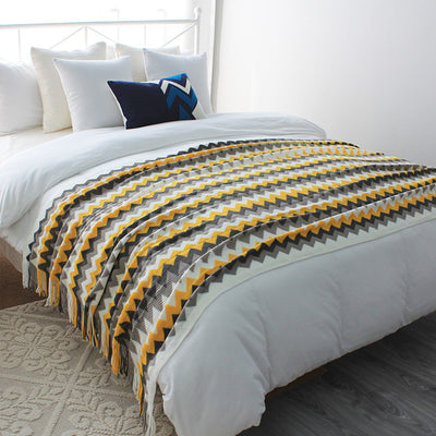 SOGA 2X 220cm Yellow Zigzag Striped Throw Blanket Acrylic Wave Knitted Fringed Woven Cover Couch Bed Sofa Home Decor