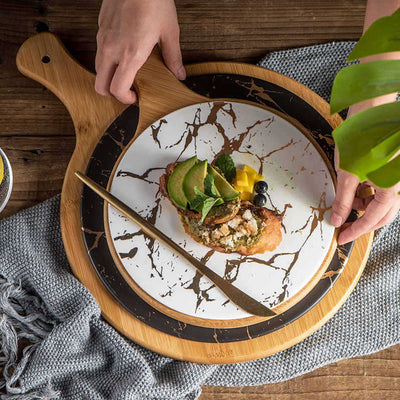 SOGA 2X 30cm White Circle Wooden Serving Tray Slate Steak Serving Platter Chopping Board Paddle Home Decor