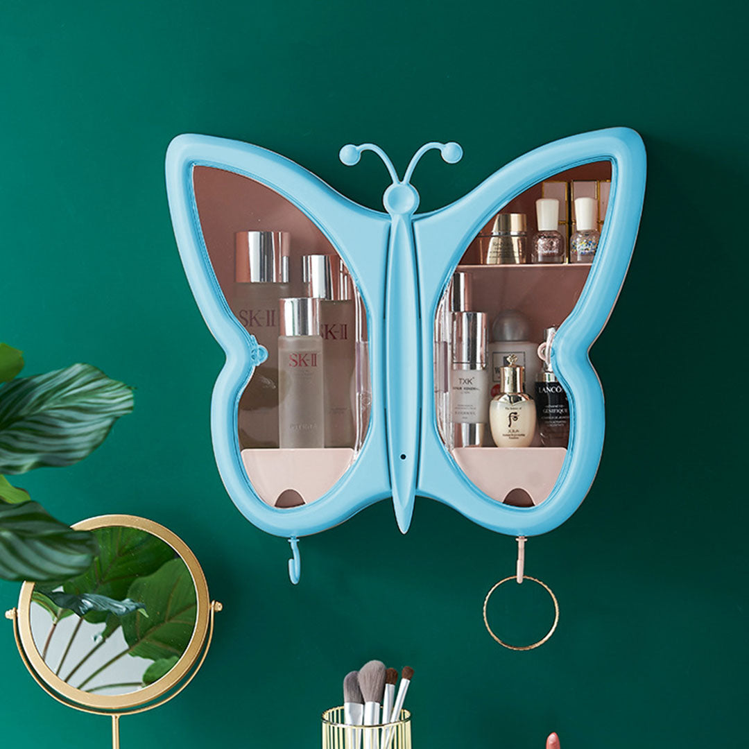 SOGA 2X Blue Butterfly Shape Wall-Mounted Makeup Organiser Dustproof Waterproof Bathroom Storage Box Home Decor