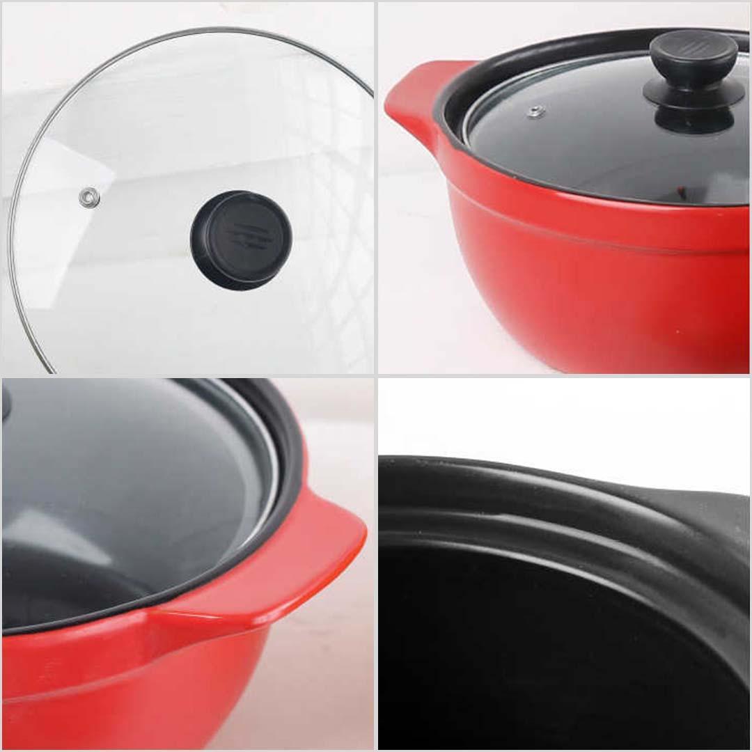 2X 3.5L Ceramic Casserole Stew Cooking Pot with Glass Lid Red
