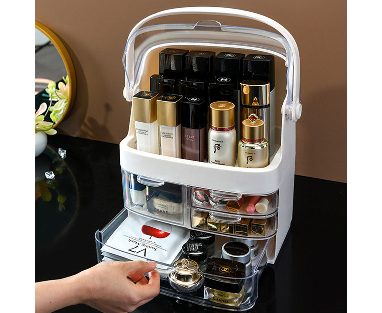 SOGA 3 Tier White Countertop Cosmetic Makeup Brush Lipstick Holder Organiser and 20cm Rechargeable LED Light Tabletop Mirror Set