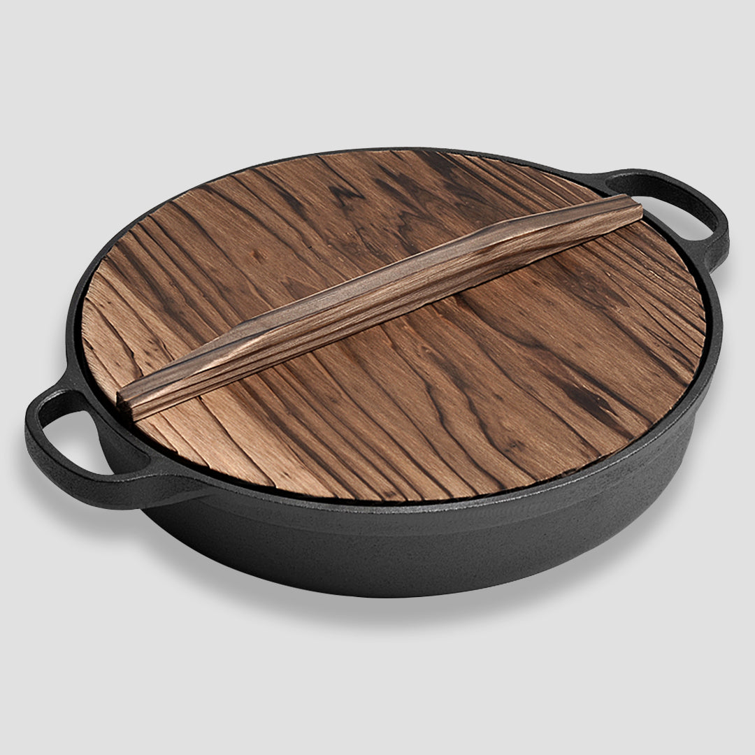 SOGA 2X 29cm Round Cast Iron Pre-seasoned Deep Baking Pizza Frying Pan Skillet with Wooden Lid