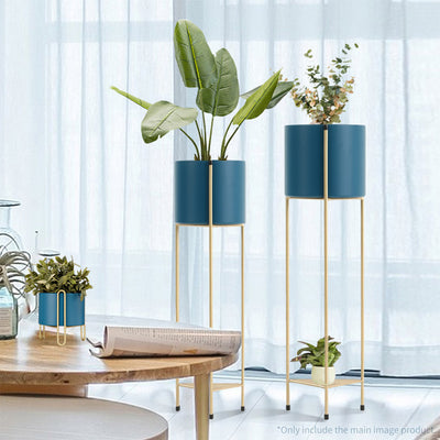 SOGA 2 Layer 65cm Gold Metal Plant Stand with Blue Flower Pot Holder Corner Shelving Rack Indoor Display