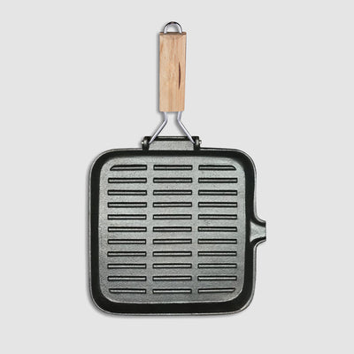 SOGA 2X 24cm Ribbed Cast Iron Square Steak Frying Grill Skillet Pan with Folding Wooden Handle