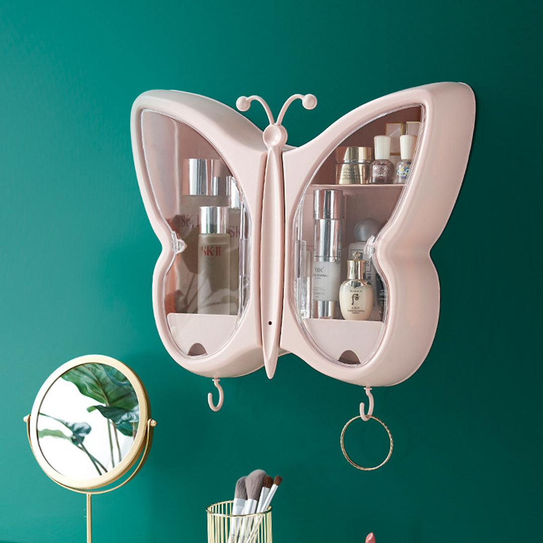 SOGA 2X Pink Butterfly Shape Wall-Mounted Makeup Organiser Dustproof Waterproof Bathroom Storage Box Home Decor