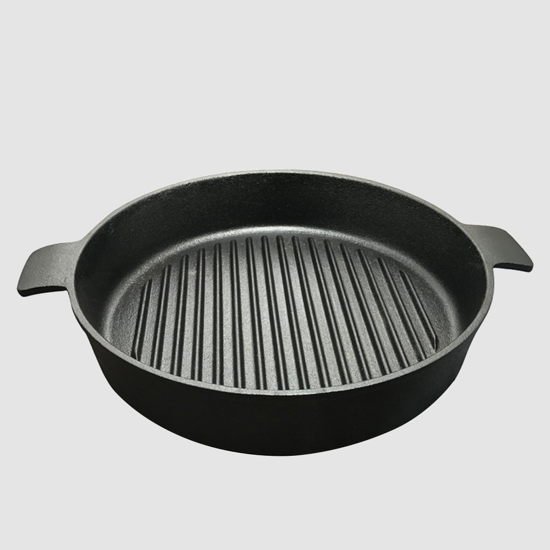SOGA 2X 25cm Round Ribbed Cast Iron Frying Pan Skillet Steak Sizzle Platter with Handle