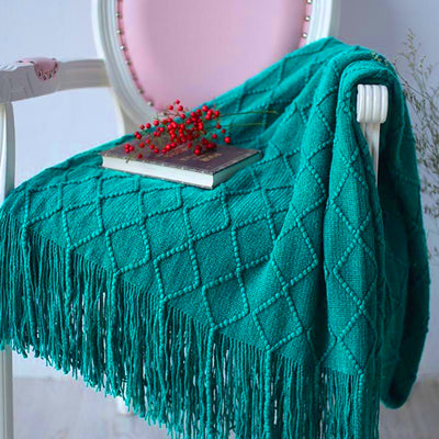 SOGA 2X Teal Diamond Pattern Knitted Throw Blanket Warm Cozy Woven Cover Couch Bed Sofa Home Decor with Tassels