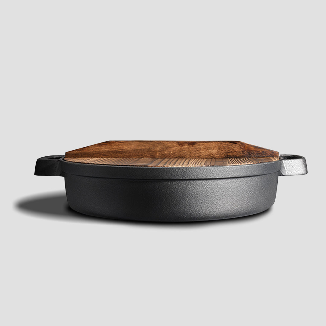 SOGA 2X 35cm Round Cast Iron Pre-seasoned Deep Baking Pizza Frying Pan Skillet with Wooden Lid