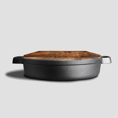 SOGA 35cm Round Cast Iron Pre-seasoned Deep Baking Pizza Frying Pan Skillet with Wooden Lid