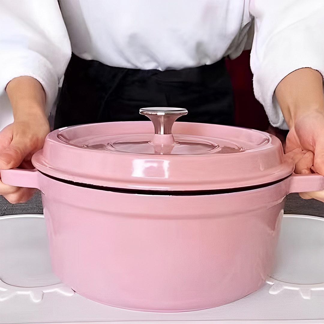 SOGA 24cm Pink Cast Iron Ceramic Stewpot Casserole Stew Cooking Pot With Lid