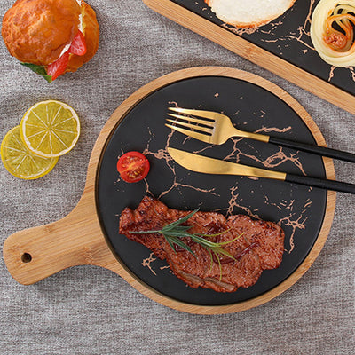 SOGA 2X 30cm Black Circle Wooden Serving Tray Slate Steak Serving Platter Chopping Board Paddle Home Decor