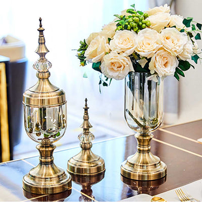 SOGA 2X Clear Glass Flower Vase with Lid and White Flower Filler Vase Gold Set