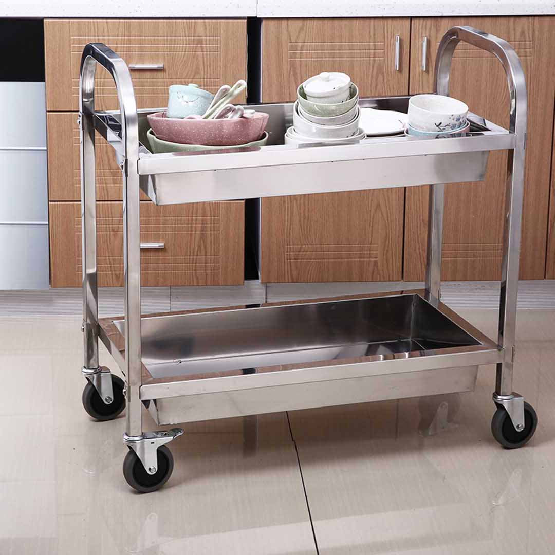 SOGA 2 Tier 95x50x95cm Stainless Steel Kitchen Trolley Bowl Collect Service FoodCart Large