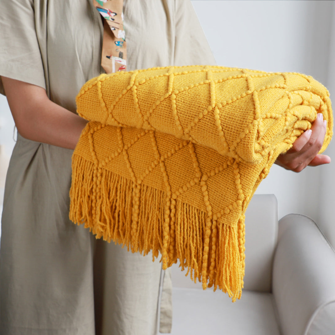 SOGA 2X Yellow Diamond Pattern Knitted Throw Blanket Warm Cozy Woven Cover Couch Bed Sofa Home Decor with Tassels