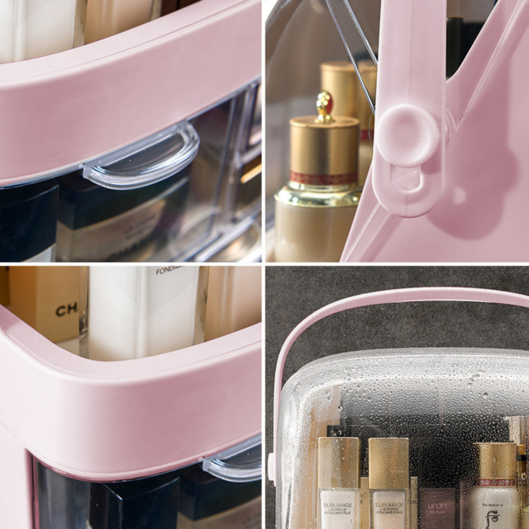 SOGA 2X 2 Tier Pink Countertop Makeup Cosmetic Storage Organiser Skincare Holder Jewelry Storage Box with Handle