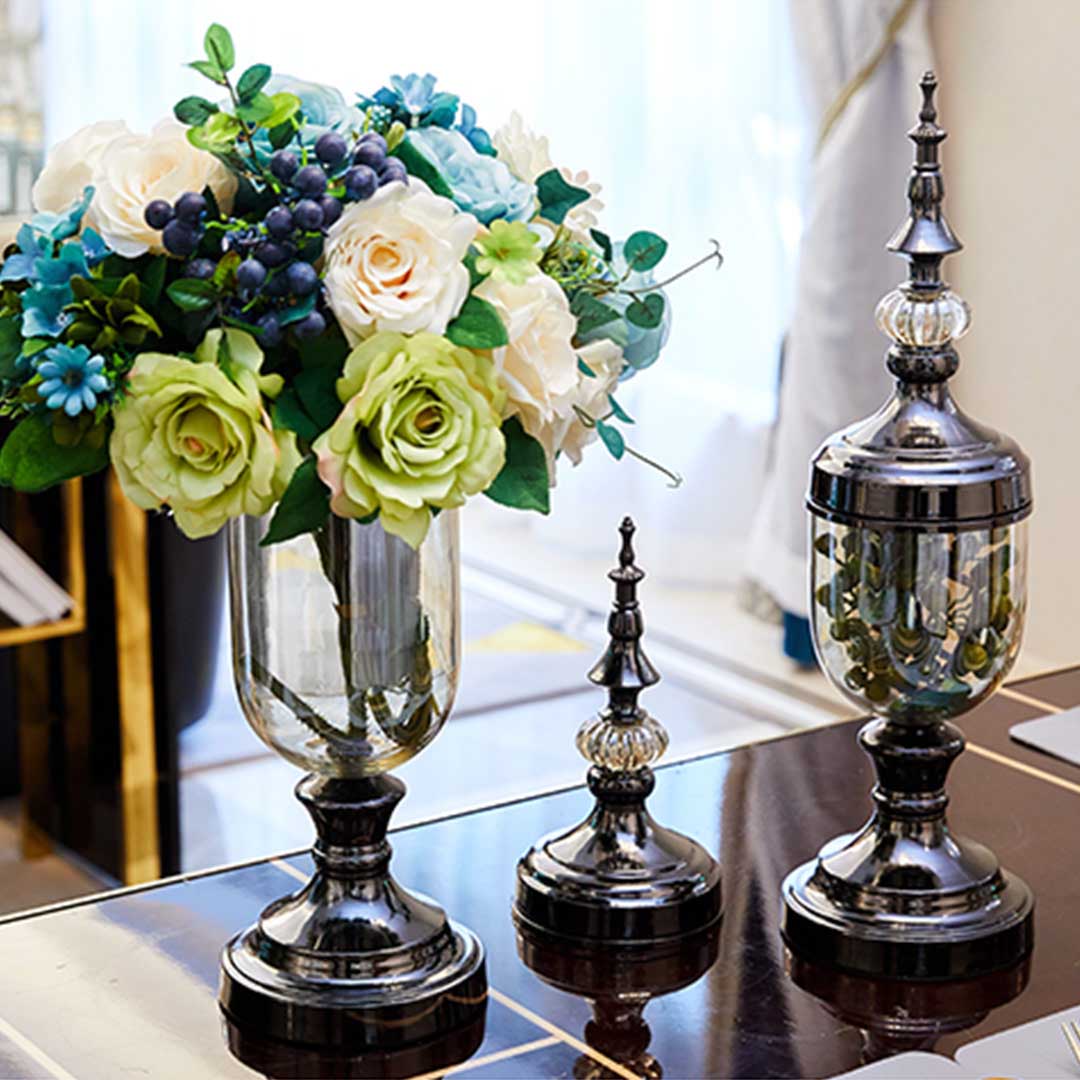 SOGA 2X Clear Glass Flower Vase with Lid and Blue Flower Filler Vase Bronze Set