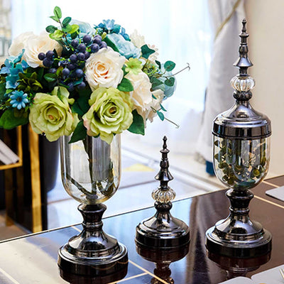SOGA 2X Clear Glass Flower Vase with Lid and Blue Flower Filler Vase Bronze Set