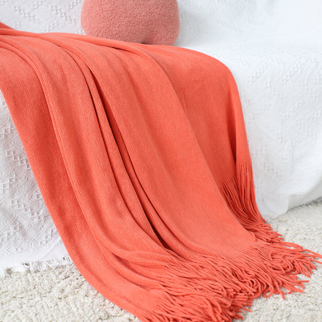 SOGA 2X Orange Acrylic Knitted Throw Blanket Solid Fringed Warm Cozy Woven Cover Couch Bed Sofa Home Decor