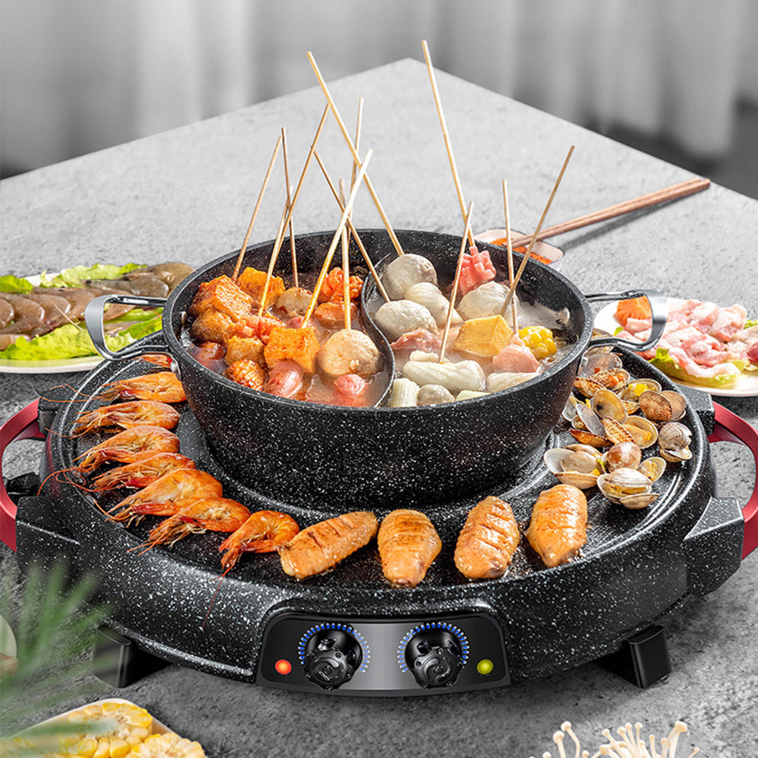 SOGA 2X 2  in 1 Electric Stone Coated Grill Plate Steamboat Two Division Hotpot