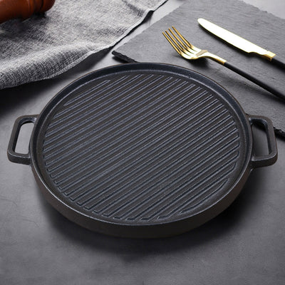 SOGA 2X 30cm Round Cast Iron Ribbed BBQ Pan Skillet Steak Sizzle Platter with Handle
