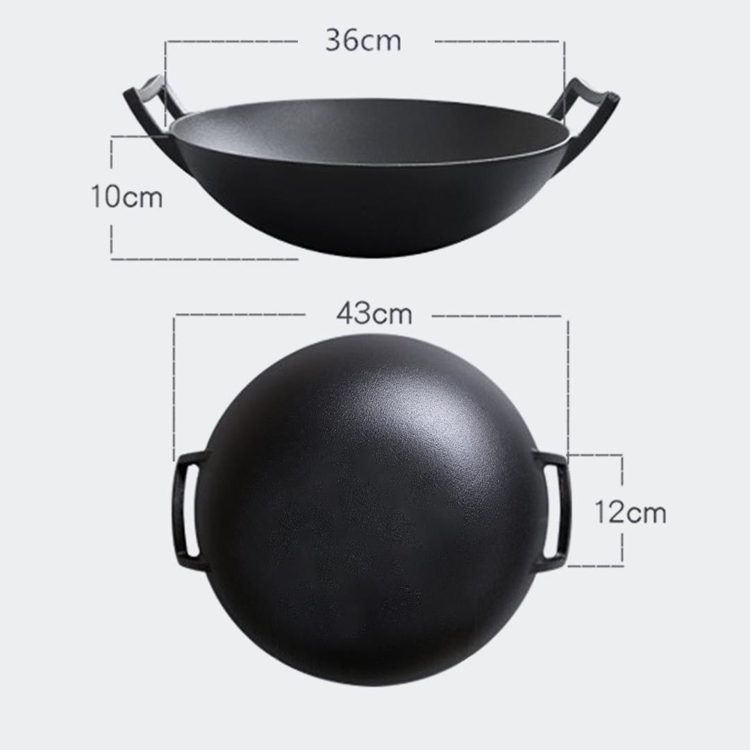 SOGA 2X 36CM Commercial Cast Iron Wok FryPan with Wooden Lid Fry Pan