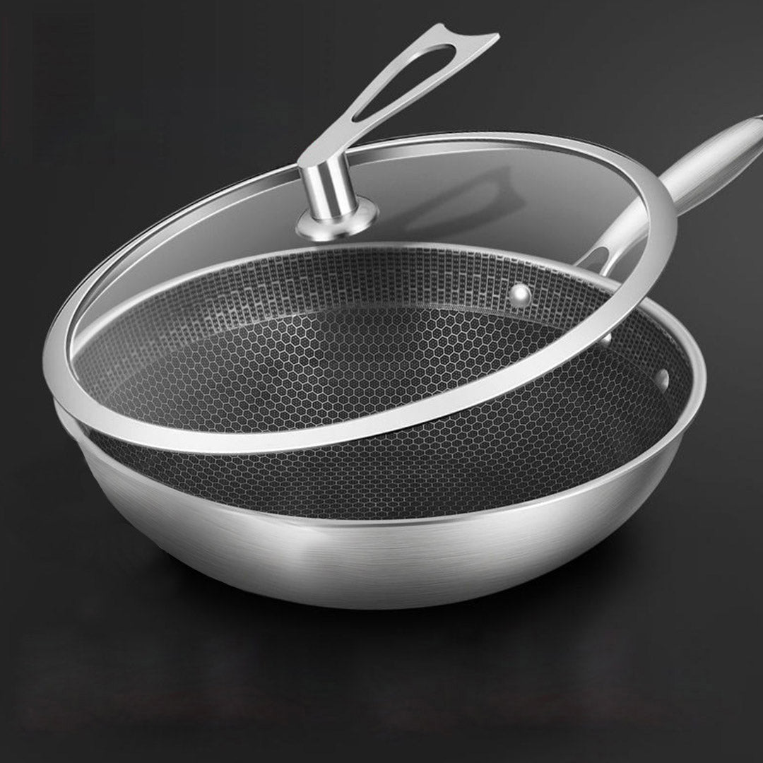 SOGA 32cm Stainless Steel Tri-Ply Frying Cooking Fry Pan Textured Non Stick Interior Skillet with Glass Lid