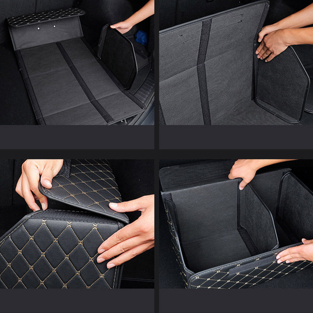 SOGA 4X Leather Car Boot Collapsible Foldable Trunk Cargo Organizer Portable Storage Box Black/Gold Stitch Large